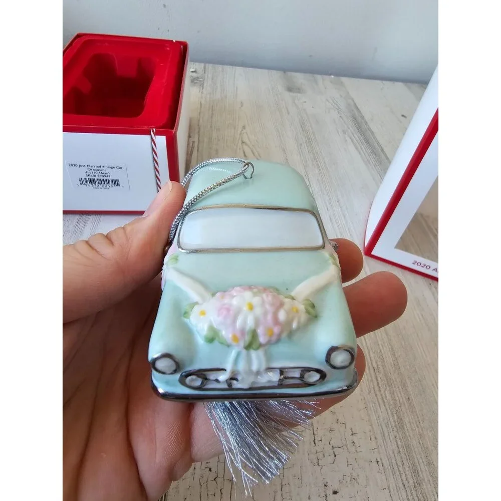 Lenox 2020 Just married vintage car porcelain ornament new Xmas tree teal weddin